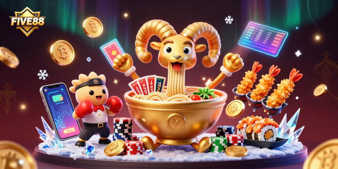 FIVE88's giant ramen bowl character deals cards and stacks chips in vibrant casino atmosphere.