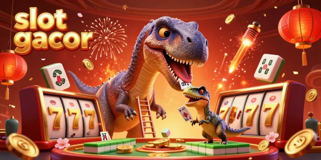 Slot gacor menampilkan brontosaurus raksasa di kasino bersama raptor, kemenangan menyala dengan elemen berkilau.