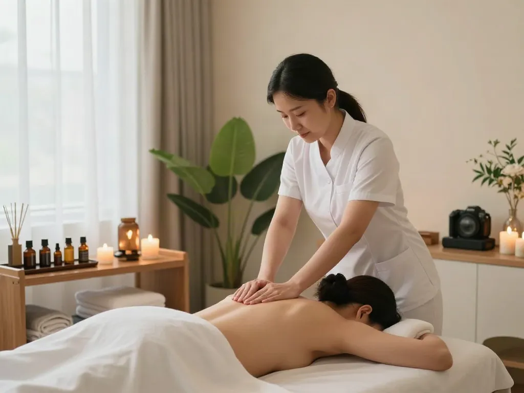용산출장마사지 in a peaceful spa setting with a therapist providing a calming massage.