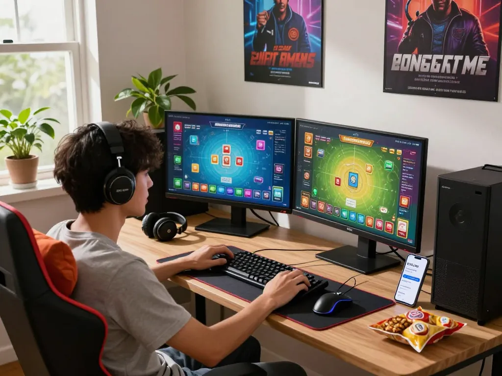 Player engaged in popular card game with CSKH 24/7 hubet88 support chat open, showcasing vibrant gaming accessories in a cozy setting.