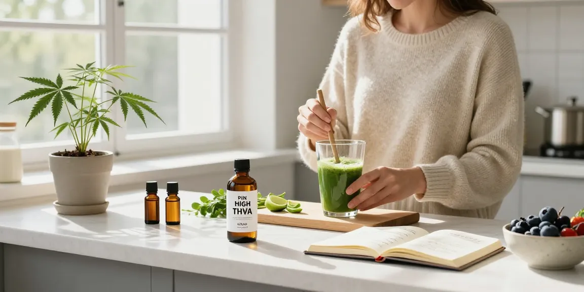 Natural wellness scene showcasing Pin High THCa CBD oil beside fresh smoothie ingredients, promoting holistic health.