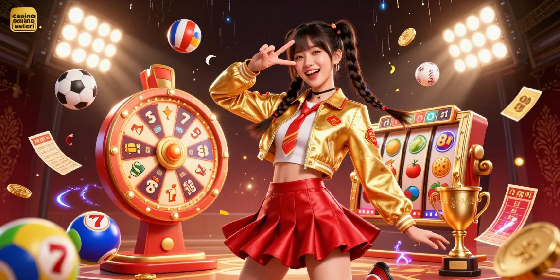 I casinò online esteri offrono una scena vibrante con una gioiosa donna asiatica che celebra tra dinamici elementi di gioco.