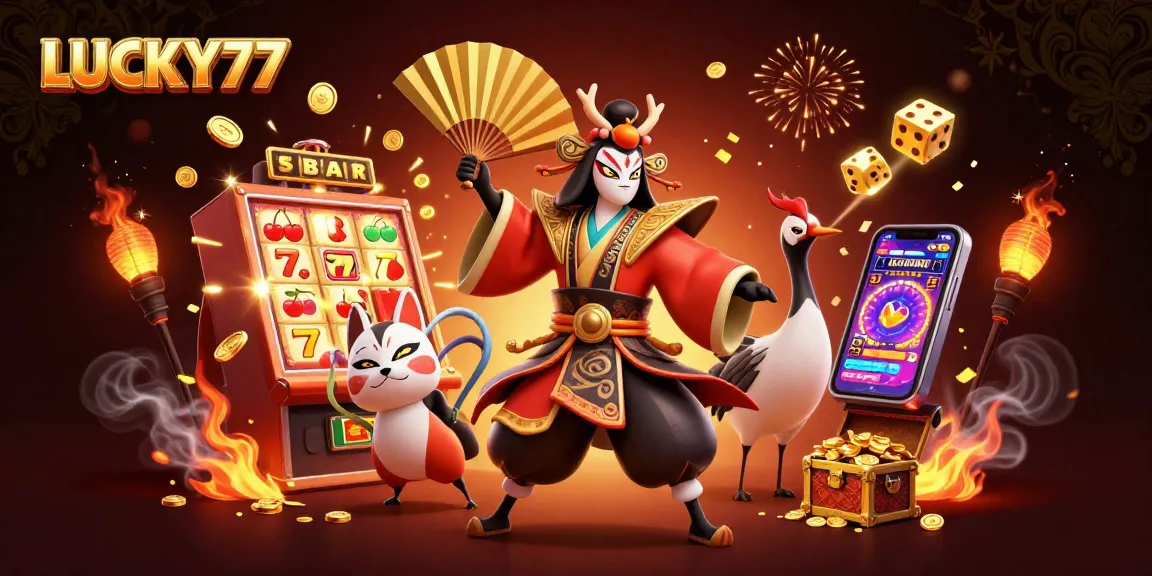 LUCKY77 ignites excitement with its captivating 3D casino scene featuring vibrant slot machine action.