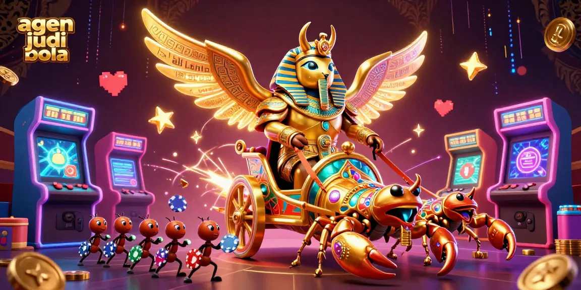 Agen judi bola scene featuring a golden scarab beetle and colorful game elements for sports betting action.