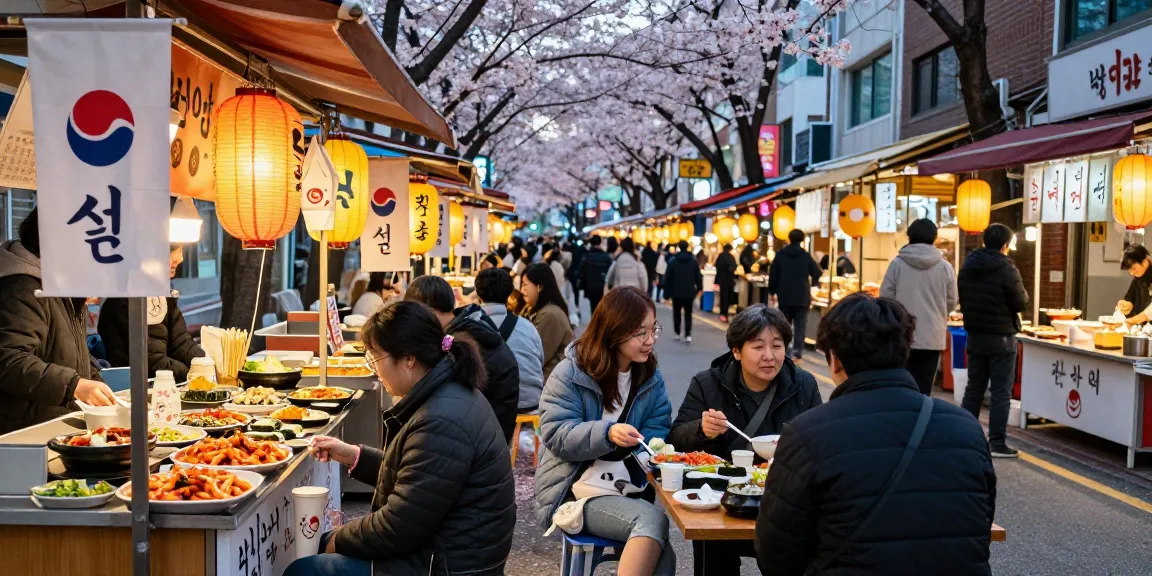 Friends savoring traditional Korean dishes at an outdoor market in 상봉동 한국관, surrounded by vibrant stalls and cherry blossoms.