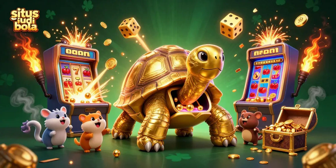 Experience situs judi bola thrills with a vibrant jackpot scene featuring golden tortoises and slot machines.