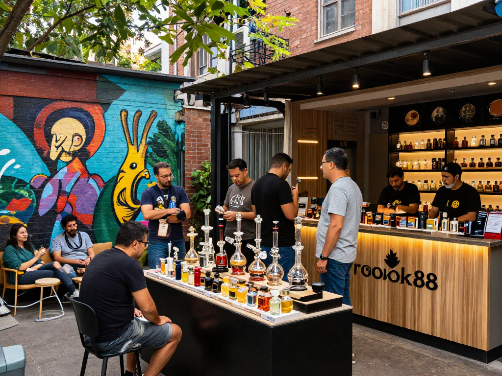 Customers enjoying rokok88 products at a lively smoke shop in an urban setting.