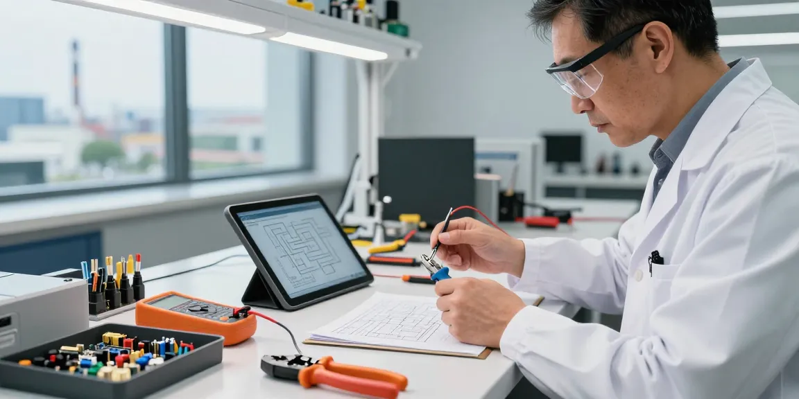 Engineer assembling wire crimp connectors at a modern workspace with tools and circuit designs.