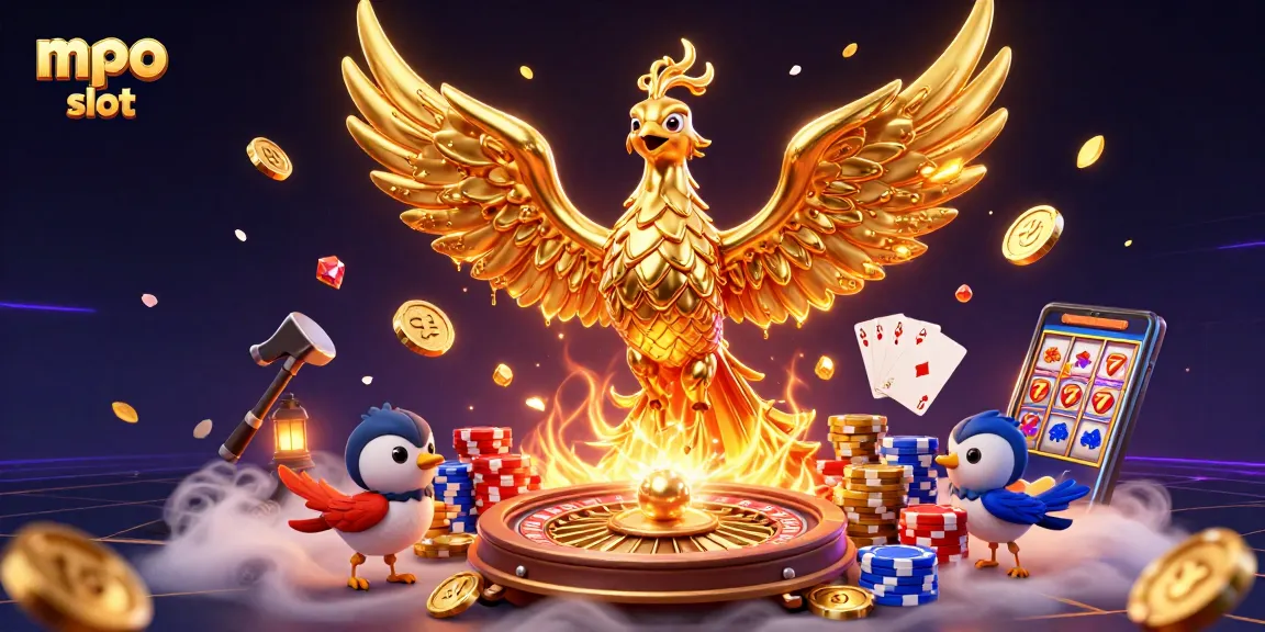 Experience the excitement of mpo slot with dazzling gold coins, vibrant poker chips, and spinning reels.