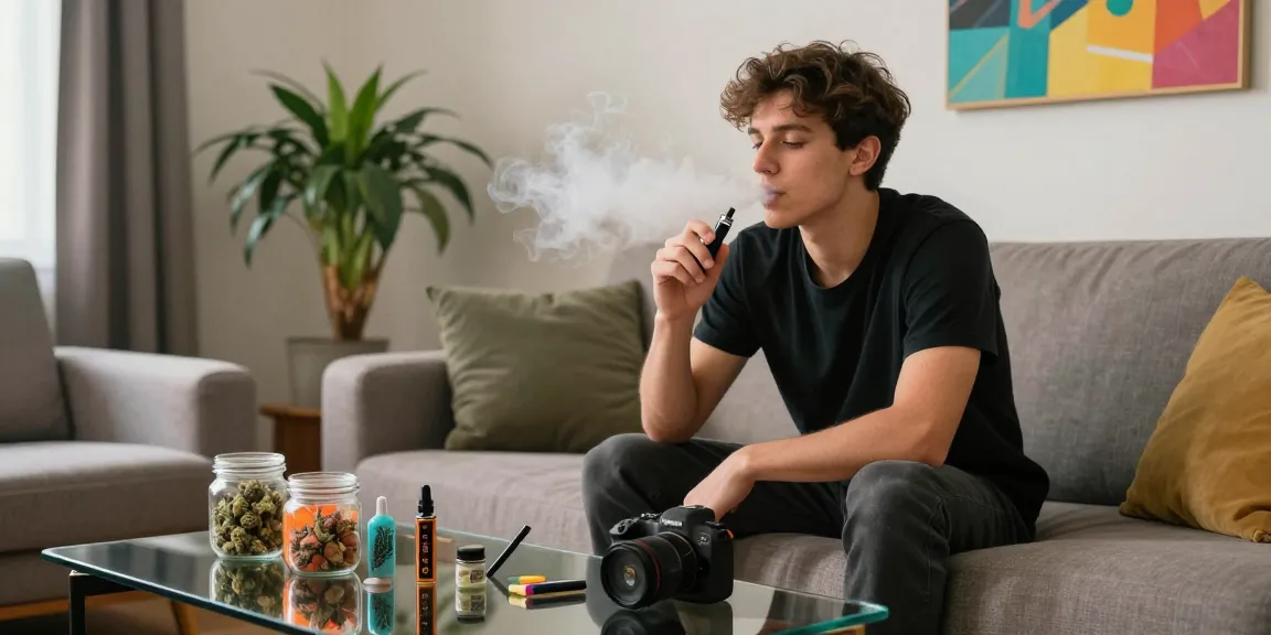 Relaxed individual enjoying a THC vape, showcasing premium cannabis extracts while highlighting buy thc vape.