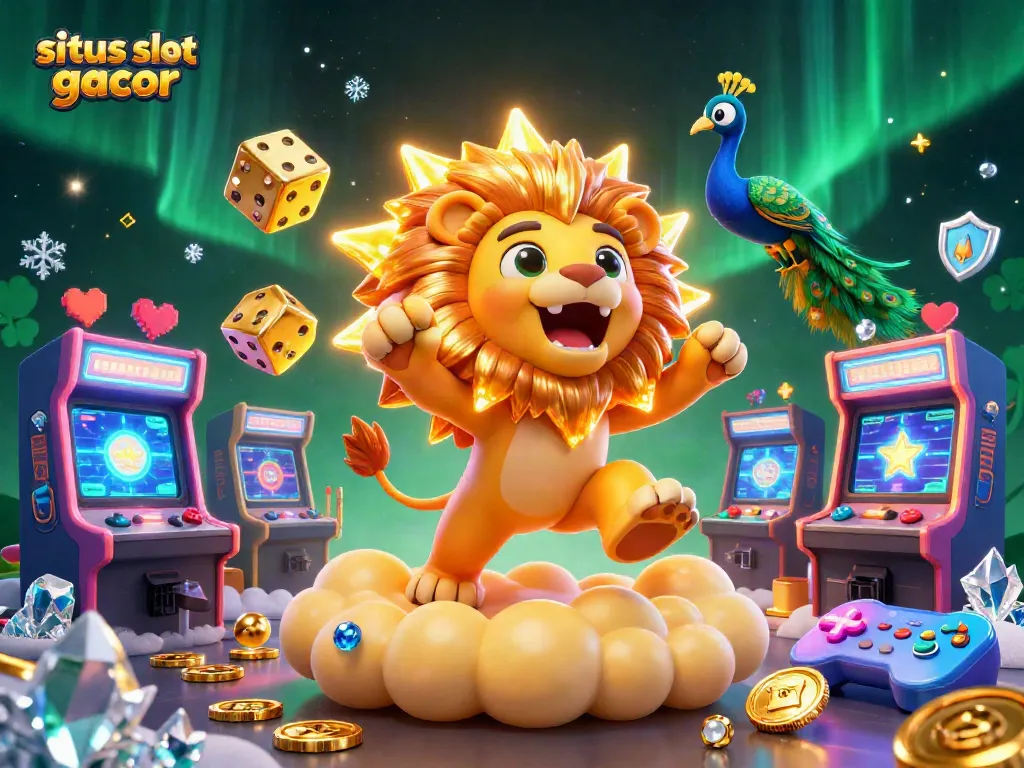 Gambarlah situs slot gacor yang menampilkan singa kartun menang dengan elemen permainan seru di sekitarnya.