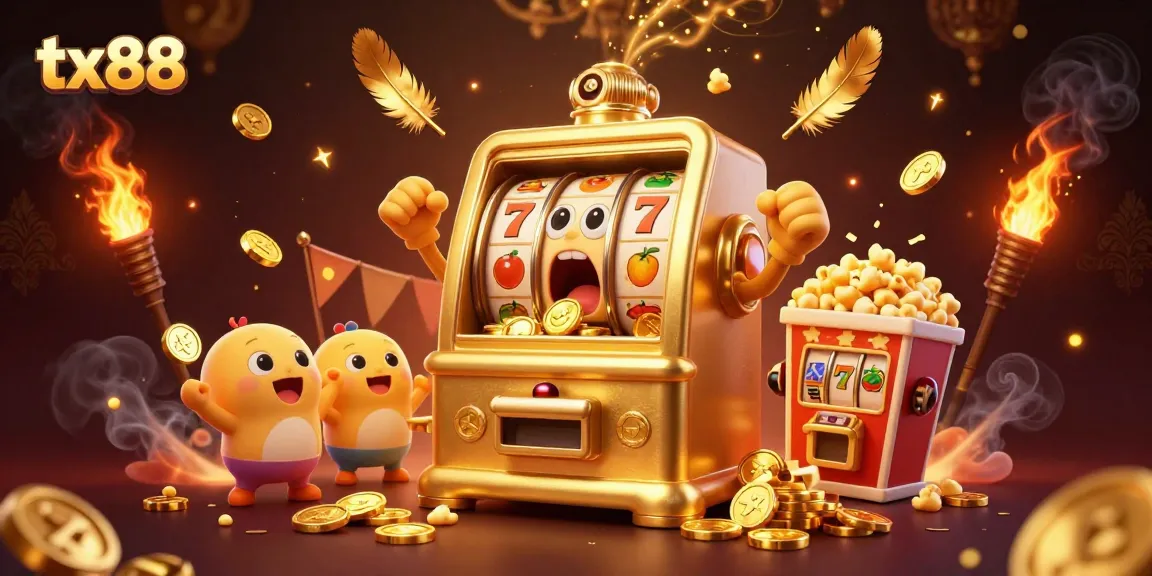 tx88's exciting jackpot celebration with colorful slot machines, golden coins soaring, and lively energy