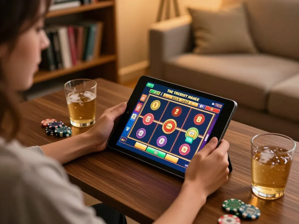 Player enjoying nhà cái fly88 online casino slots on tablet, cozy home atmosphere.