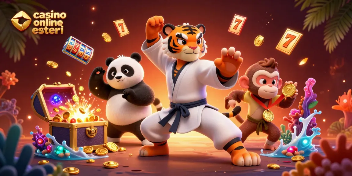 Scopri un gameplay emozionante in questa vivace illustrazione di casino online esteri con una tigre kung fu e i suoi amici.