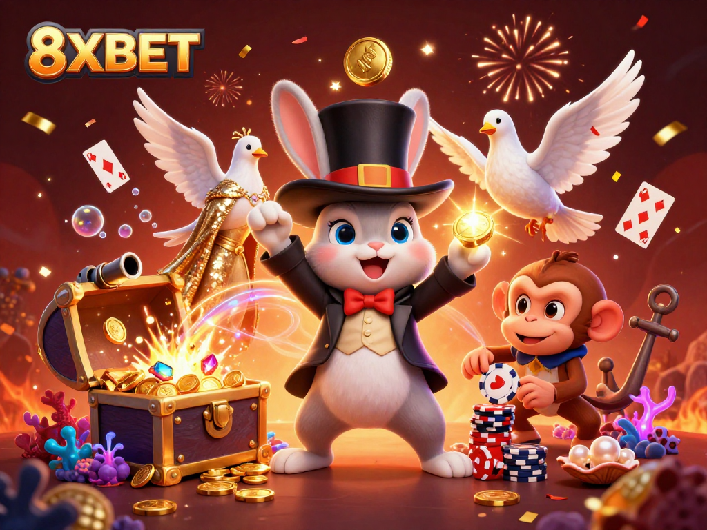 Experience thrilling wins with 8XBET in this vibrant 3D casino illustration featuring magical characters.