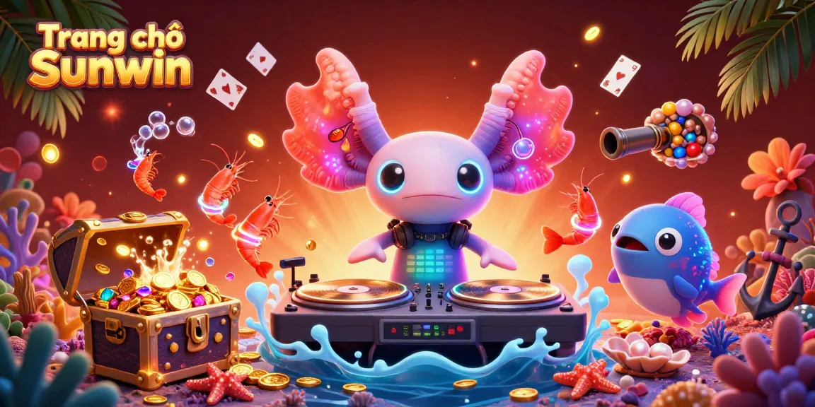 Experience the vibrant world of Trang chủ Sunwin with a neon axolotl DJ and underwater treasures.