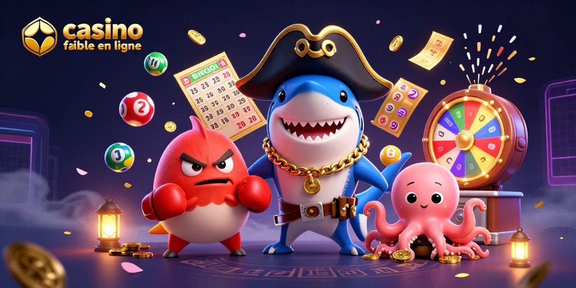 Visualisez casino fiable en ligne avec un requin pirate et un poulpe, entourés de jeux de points.