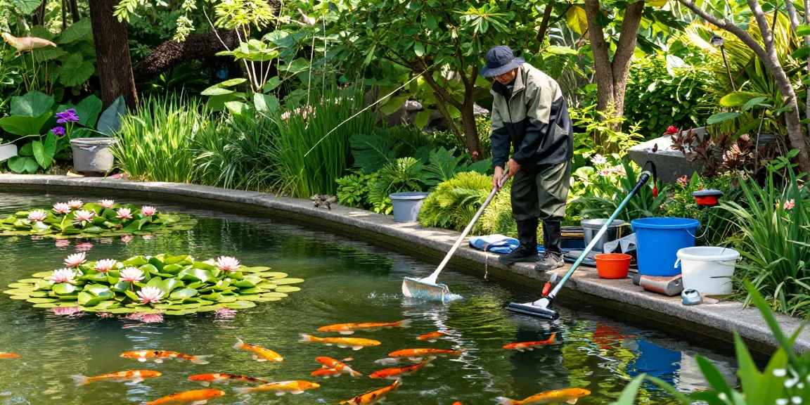Pond Clean London service in action, professional cleaning vibrant garden pond with water lilies and koi