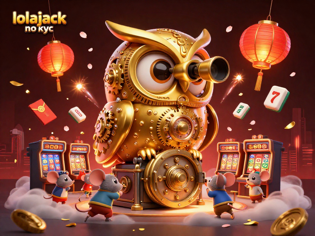 Engage with lolajack no kyc in this vibrant, dynamic 3D casino illustration showcasing a golden owl and slot machines.