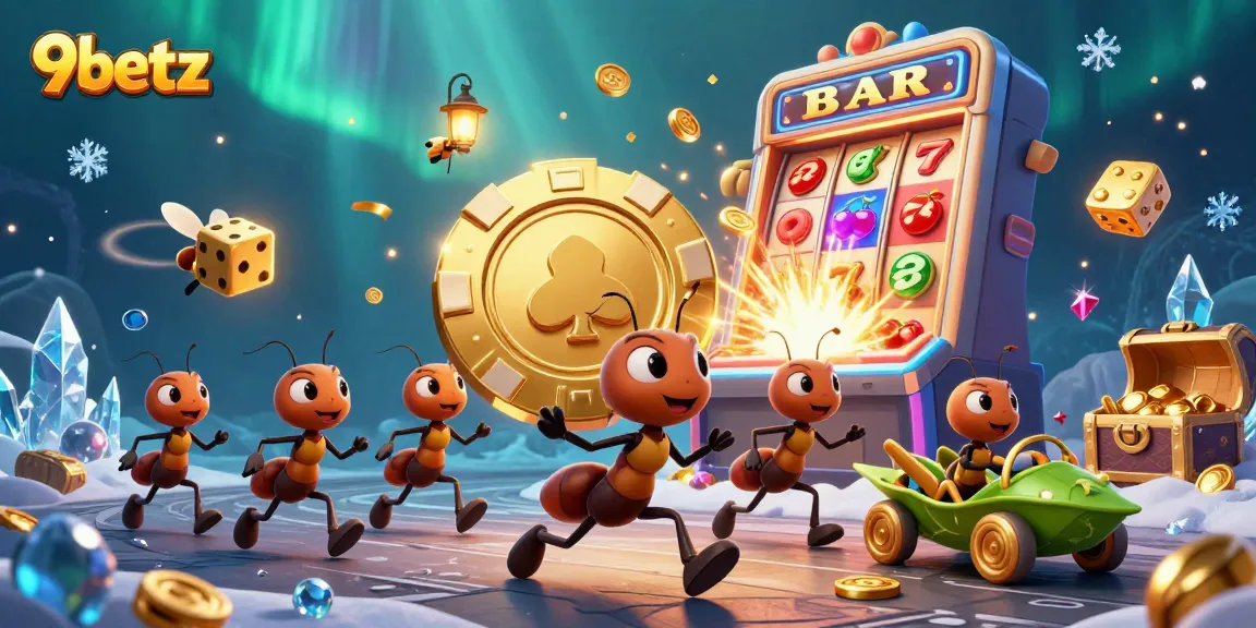 9betz team of ants carrying a giant poker chip through a tunnel in this vibrant casino heist scene.