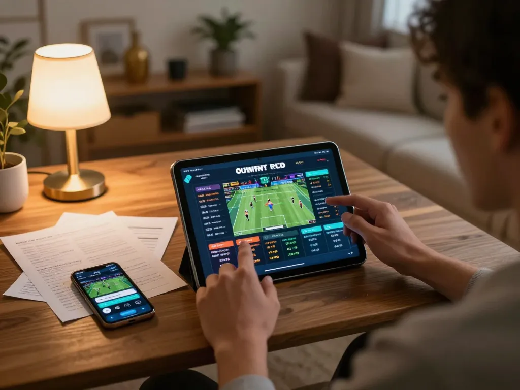 Betting on kèo nhà cái through interactive tablet in cozy living room setting.