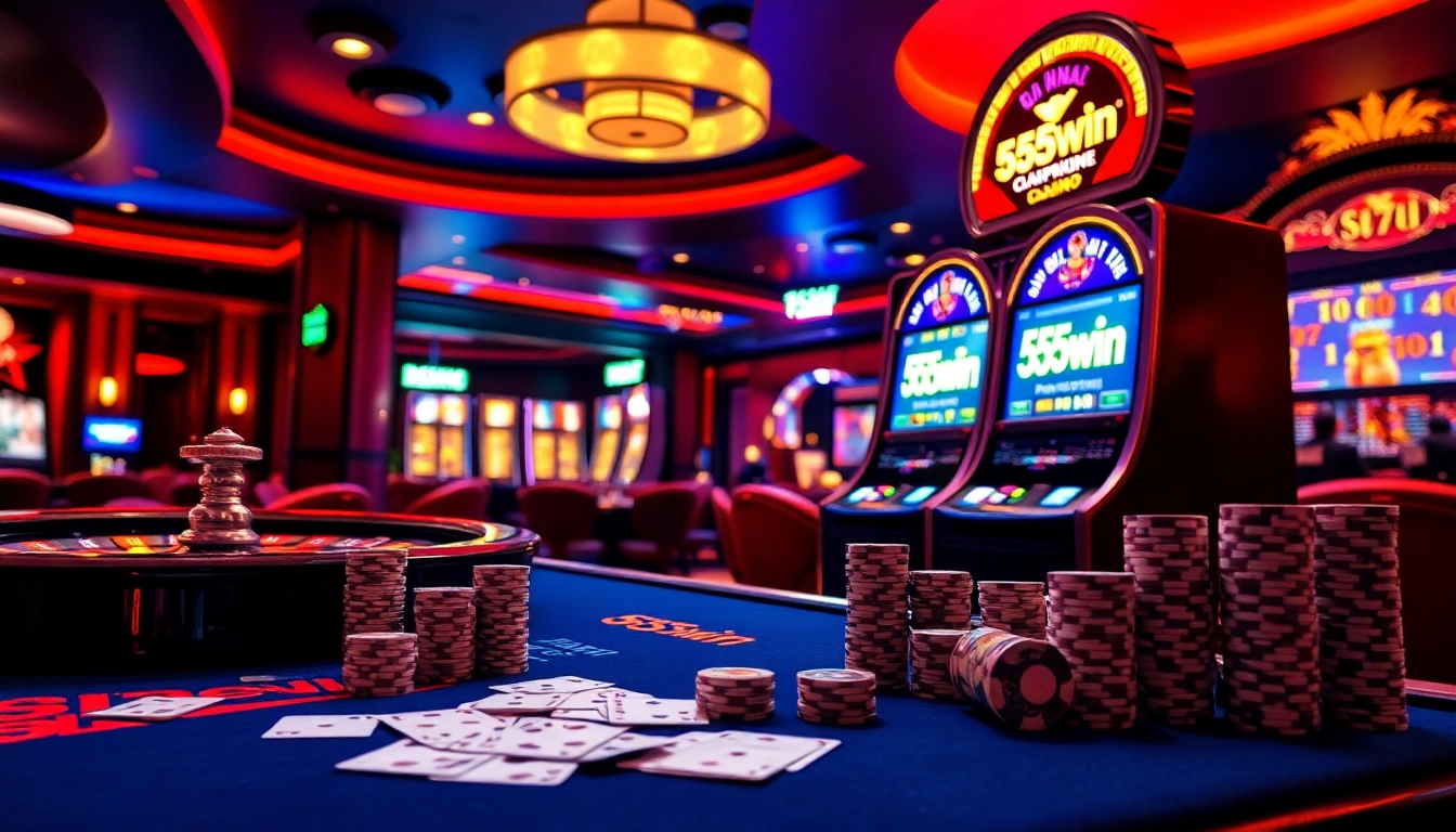 Experience the thrill of gambling at 555win with a luxurious casino vibe featuring vibrant gaming elements.