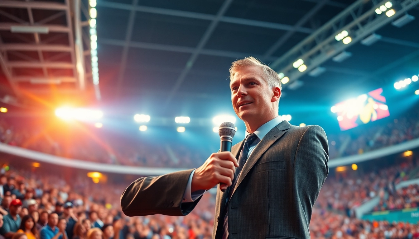Engaging scene of Sports Broadcasting with a live presenter in a vibrant stadium.