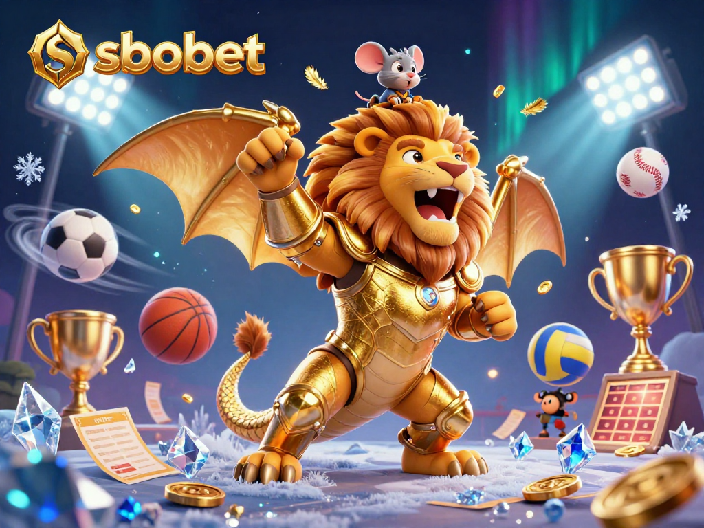 Engage in sbobet sports betting with a dynamic 3D casino scene featuring a chimera and mouse jockey.