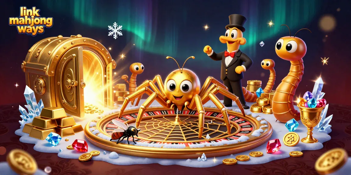 Play link mahjong ways with a richly illustrated casino-themed scene featuring a golden spider and treasures.