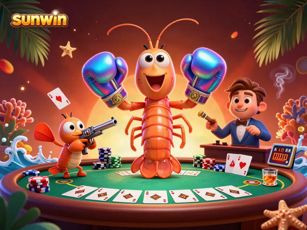 Engage in thrilling gameplay at sunwin while the cartoon mantis shrimp showcases poker skills.
