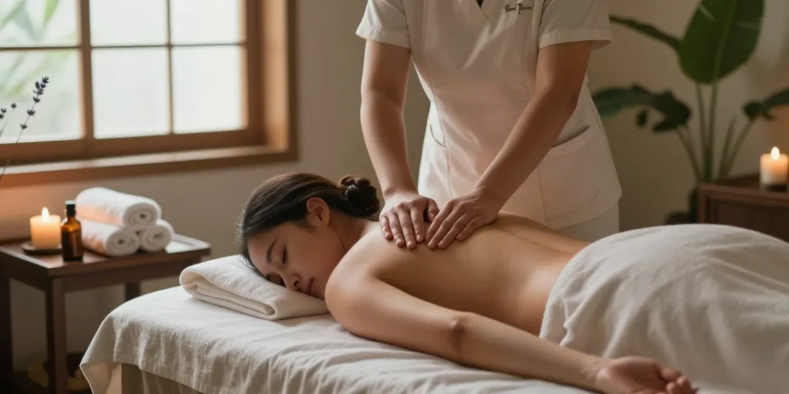 Massage therapy session, therapist performing 마사지 in a serene spa with calming ambiance and essential oils