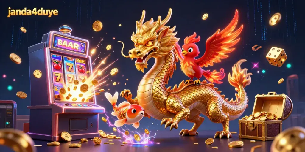 Menggoda peluang dengan janda4duye dalam penggambaran ilustrasi 3D seru berisi naga emas dan berbagai simbol permainan kasino.