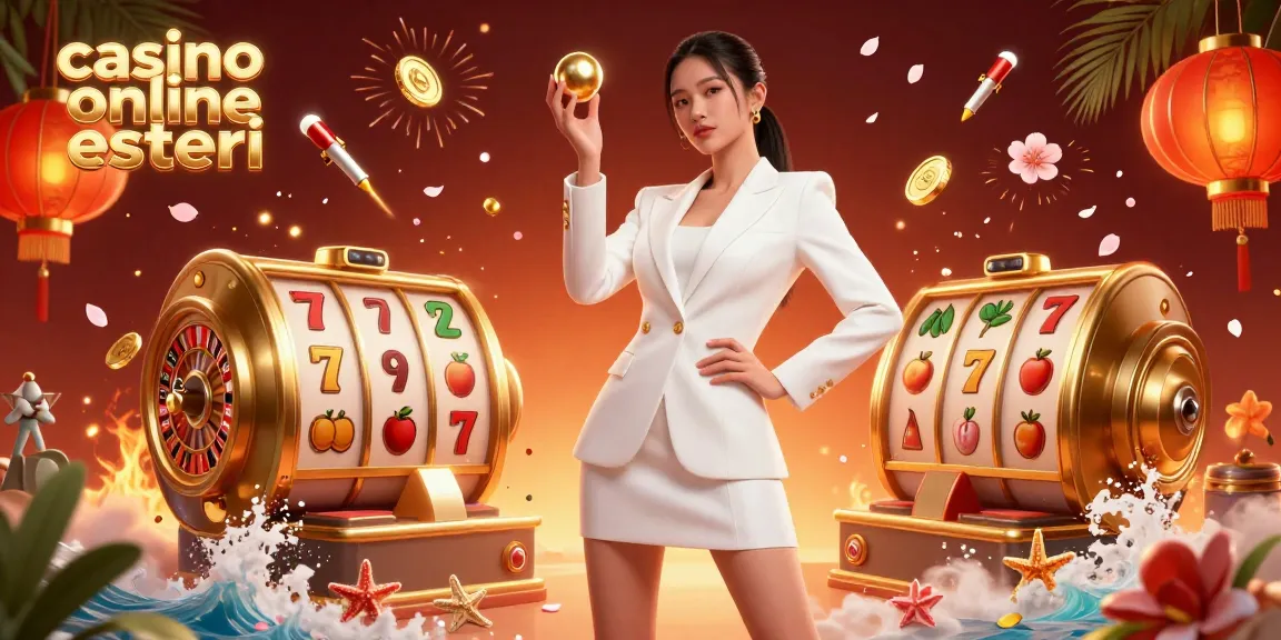 Illustrazione coinvolgente di casino online esteri con una donna asiatica sicura di sé con una pallina della roulette, circondata da elementi di gioco vivaci.