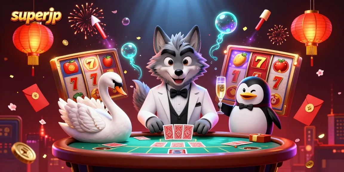 Experience thrilling gameplay with superjp's animated casino scene featuring captivating characters.