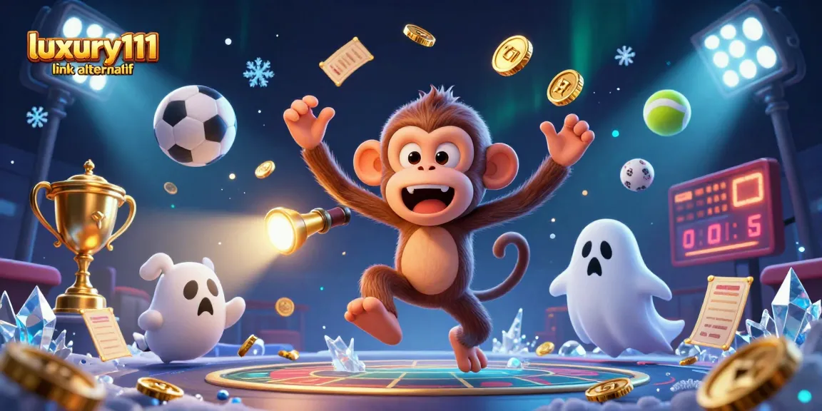 Catching the magic of luxury111 link alternatif while a playful monkey juggles gold coins, chips, and cards in a vibrant casino.