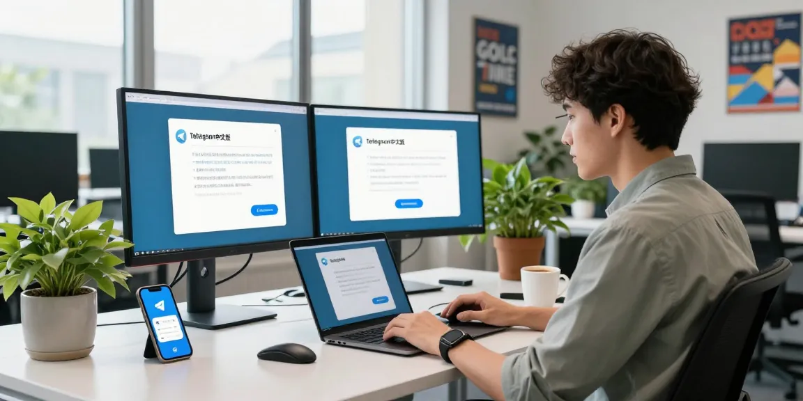 Dynamic workspace showcasing telegram中文版 features on dual monitors, highlighting tech interactivity.