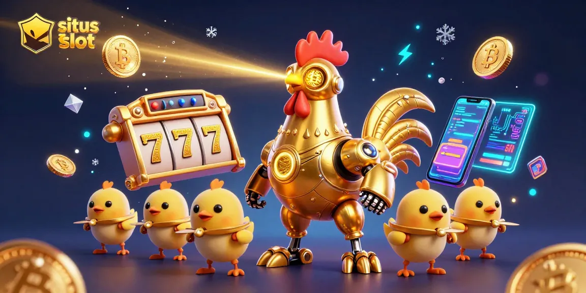 Sparking excitement with situs toto slot, the golden rooster robot leads a vibrant gaming scene of slot machines and crypto elements.