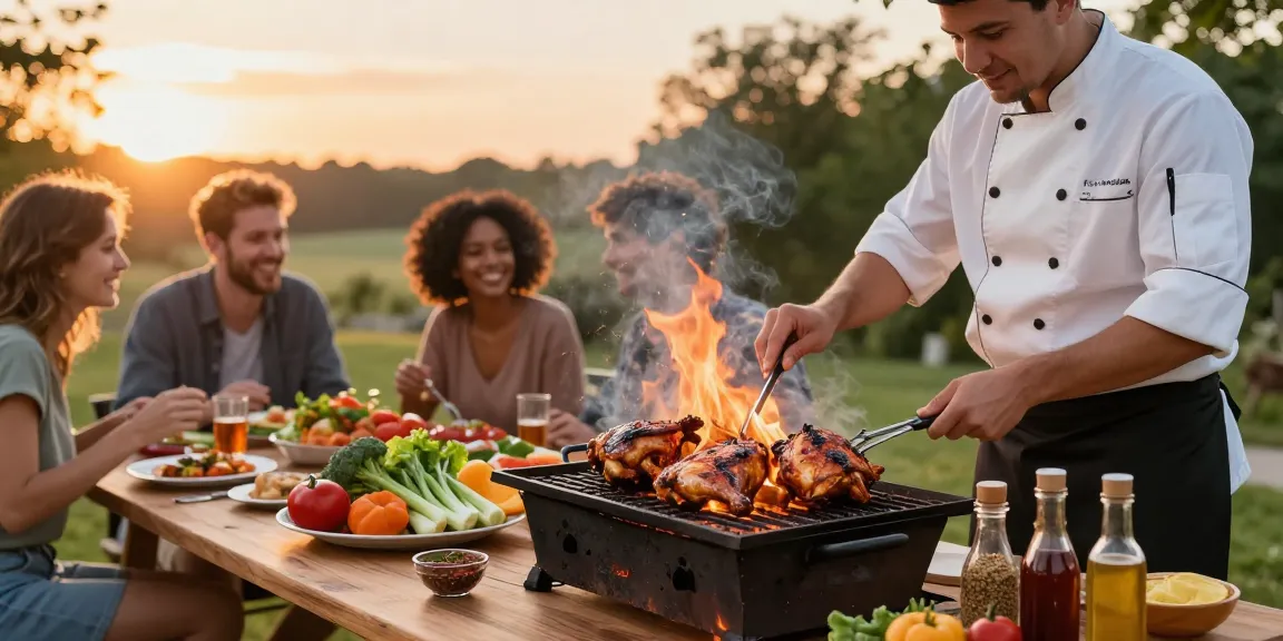 Grilling chicken with rokok88 slot login flavor at sunset with fresh vegetables.