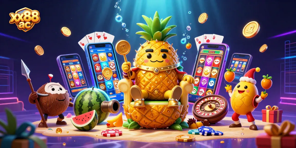 Experience winning thrills at xx88 ac with the golden pineapple king and lively casino elements.