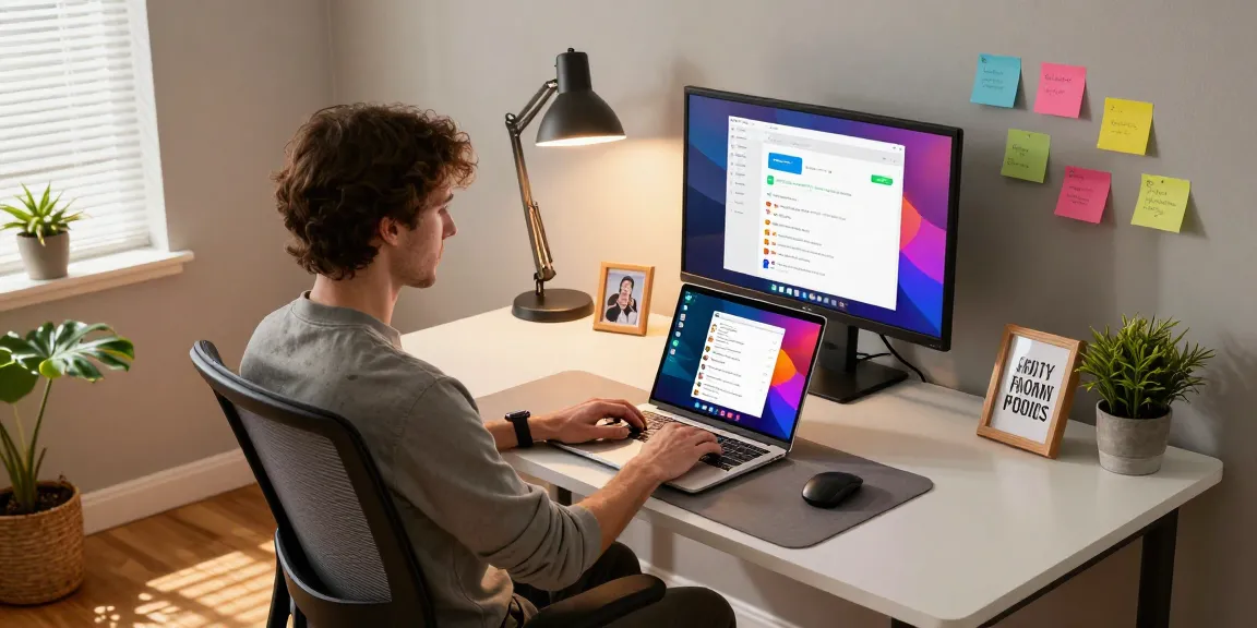 Dynamic workspace featuring WhatsApp電腦版 on a laptop with colorful notifications, creating an inviting home office environment.