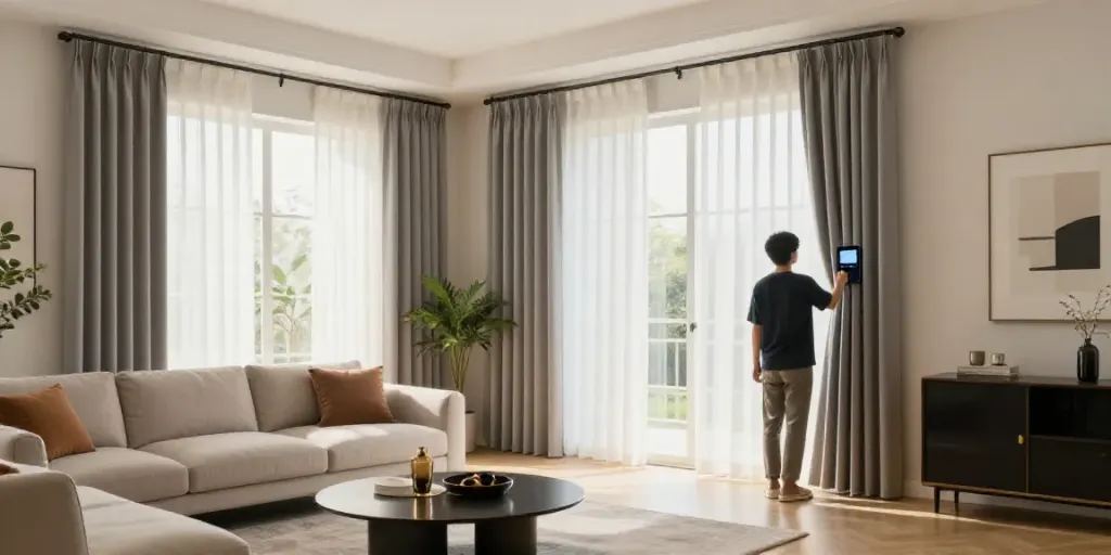 Contemporary living room with پرده برقی هوشمند controlled by smartphone for modern lifestyles.