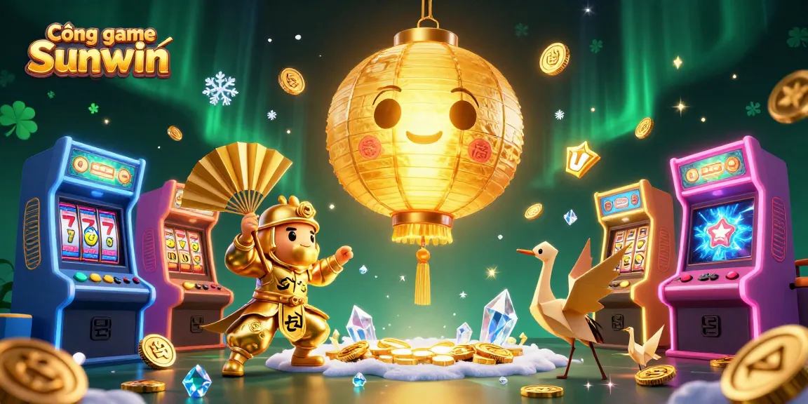 Engage with Cổng game Sunwin at a vibrant casino scene featuring golden lanterns and arcade elements.