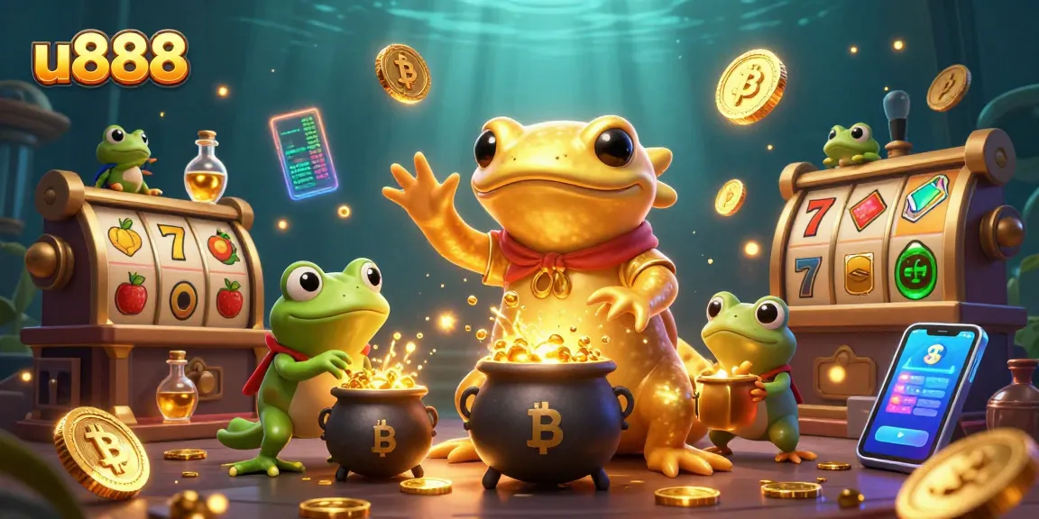 Experience the thrilling world of u888 with golden coins and slot elements in a magical setting.