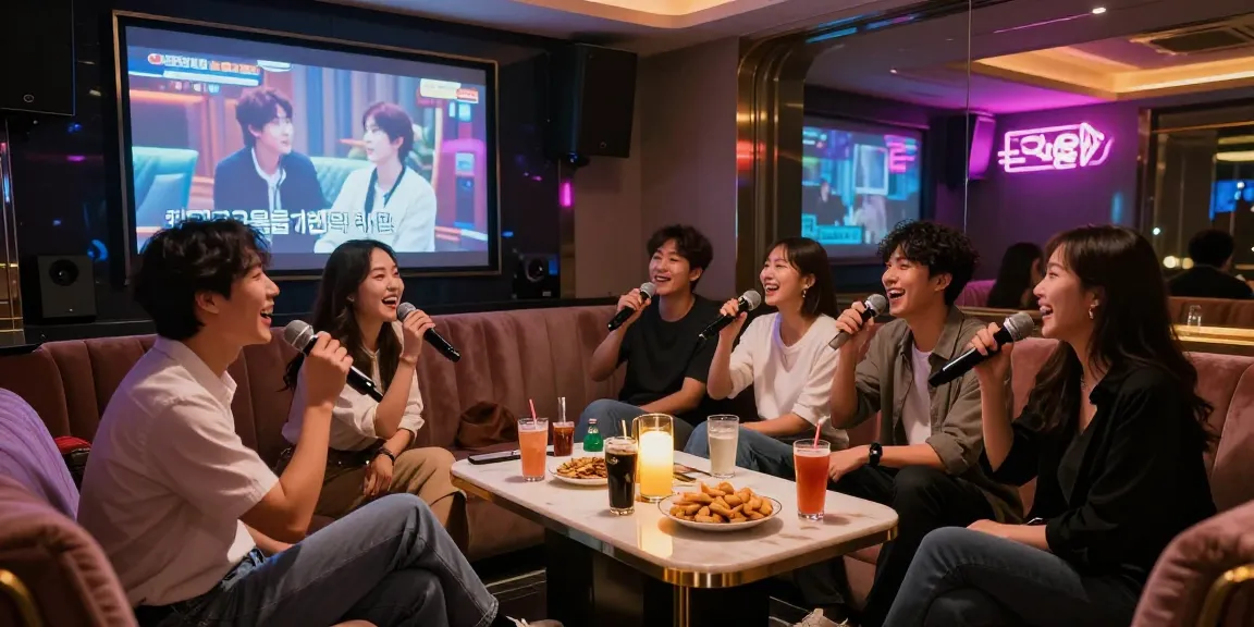 Enjoying a night at 강남 엘리트 가라오케 with friends in a vibrant karaoke lounge.