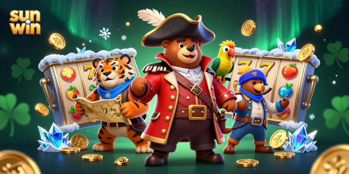 Engage in thrilling slot games with sun win in this dynamic 3D casino scene featuring colorful characters.