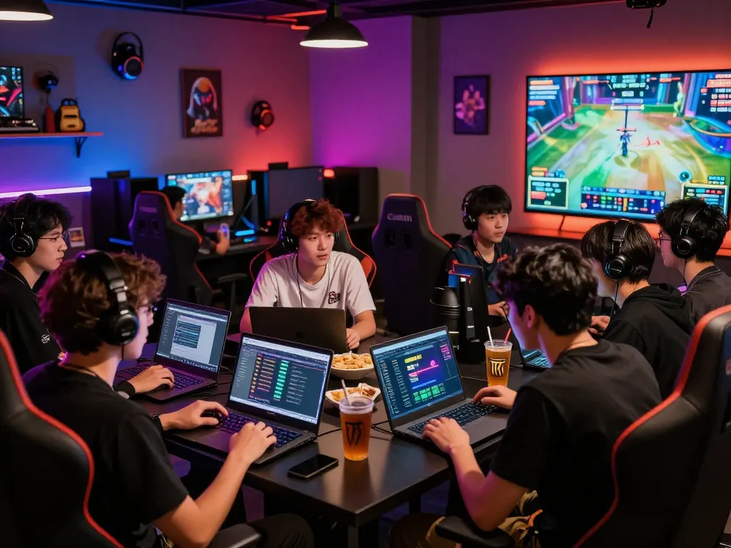Esports betting Singapore scene in a vibrant gaming lounge with friends discussing live matches and betting.