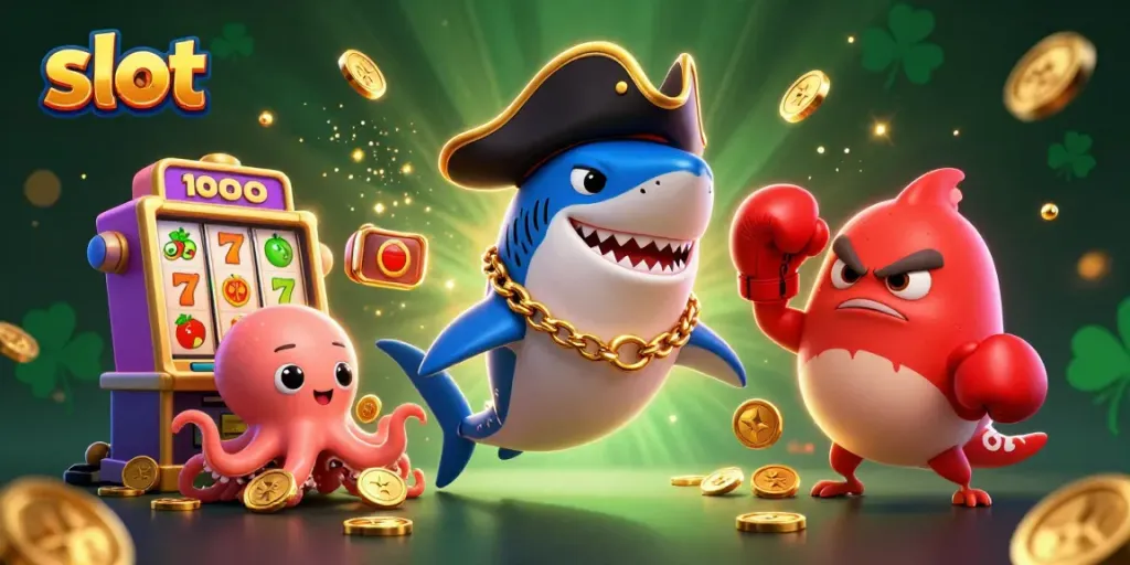 Slot mesin menggoda dengan karakter kartun laut bermain sambil menebar koin emas.
