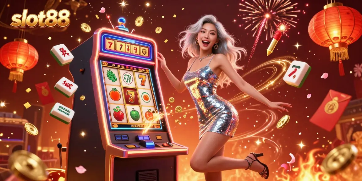 Celebrate big wins at slot88 with a stunning illustration featuring an excited woman and dynamic slot-themed elements.