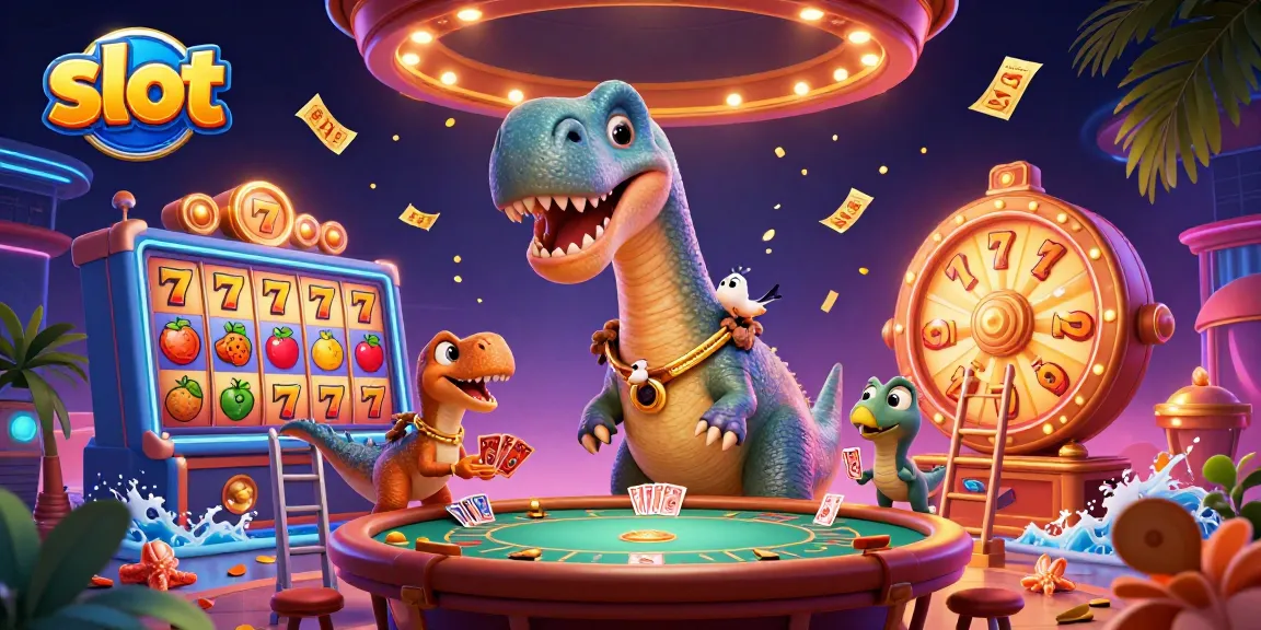 Spin slot machines and win big with a 3D cartoon dinosaur and vibrant slot elements!