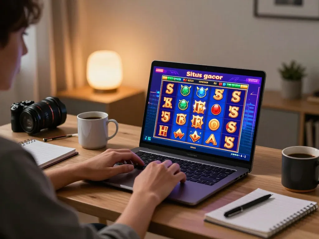 Engaging with situs gacor through colorful slot games on a laptop in a cozy home office.